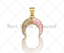Load image into Gallery viewer, Pink Pendant/Charm, Pink Mother-of-pearl Horn Pendant, Cubic Zirconia Pendant, Gold Tone, 15x16mm, Sku#LK70