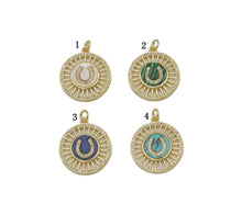 Load image into Gallery viewer, Gold CZ Horseshoe U Shape On Round Coin Charm, Sku#L695
