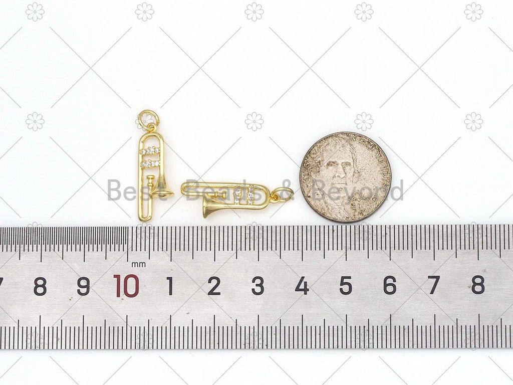 CZ Micro Pave Trumpet Shape Pendant, 18K Gold Filled Musical Instrument Charm, Necklace Bracelet Charm Pendant,9x23mm,Sku#F1441