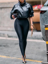 Load image into Gallery viewer, Black Lychee Grain Faux Leather Stand Collar Puff Sleeve Cropped Jacket
