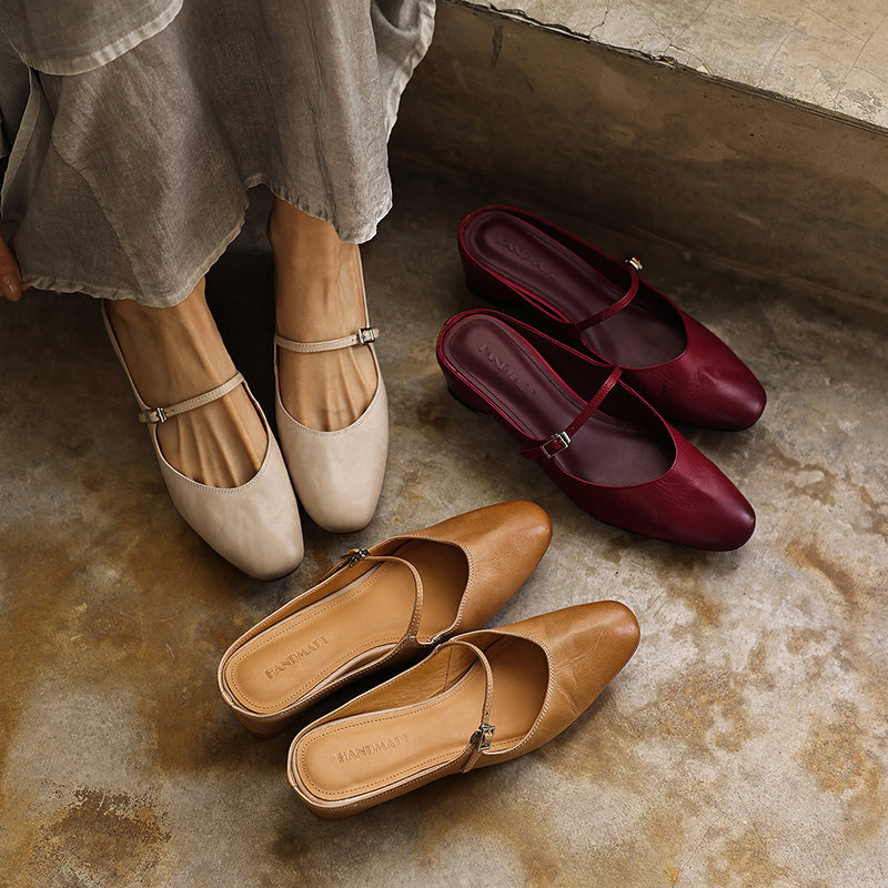 Women's Full Grain Leather Mary Jane Mules | Low Heel Square Toe Slide Sandals