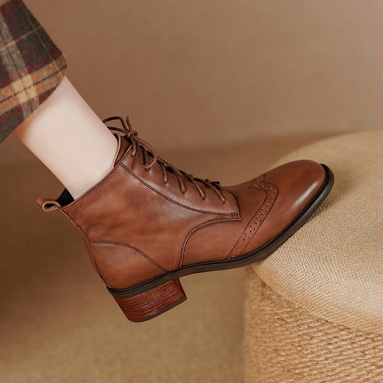 Women's Retro Leather Ankle Boots – Chunky Heel, Side Zipper & Lace-Up | Cowhide Upper