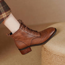 Load image into Gallery viewer, Women's Retro Leather Ankle Boots – Chunky Heel, Side Zipper &amp; Lace-Up | Cowhide Upper