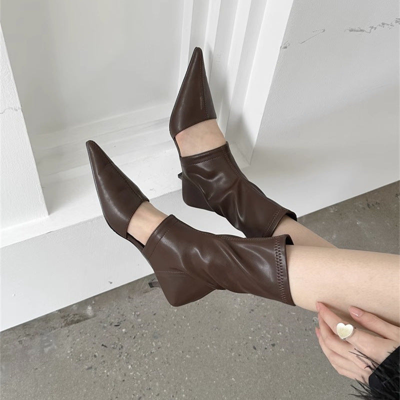 Women's French-Style Pointed-Toe Stiletto Boots - Mid-Calf Hollow-Out Design Stretchy PU Leather