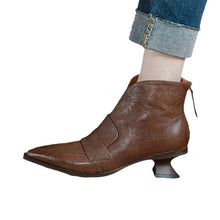 Load image into Gallery viewer, Women's French-Style Vintage Pointed-Toe Mid-Heel Ankle Boots | Back Zip | PU Leather