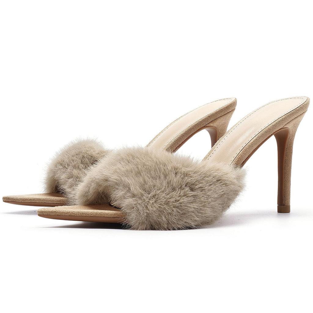 Pointed-Toe High-Heel Plush Slippers