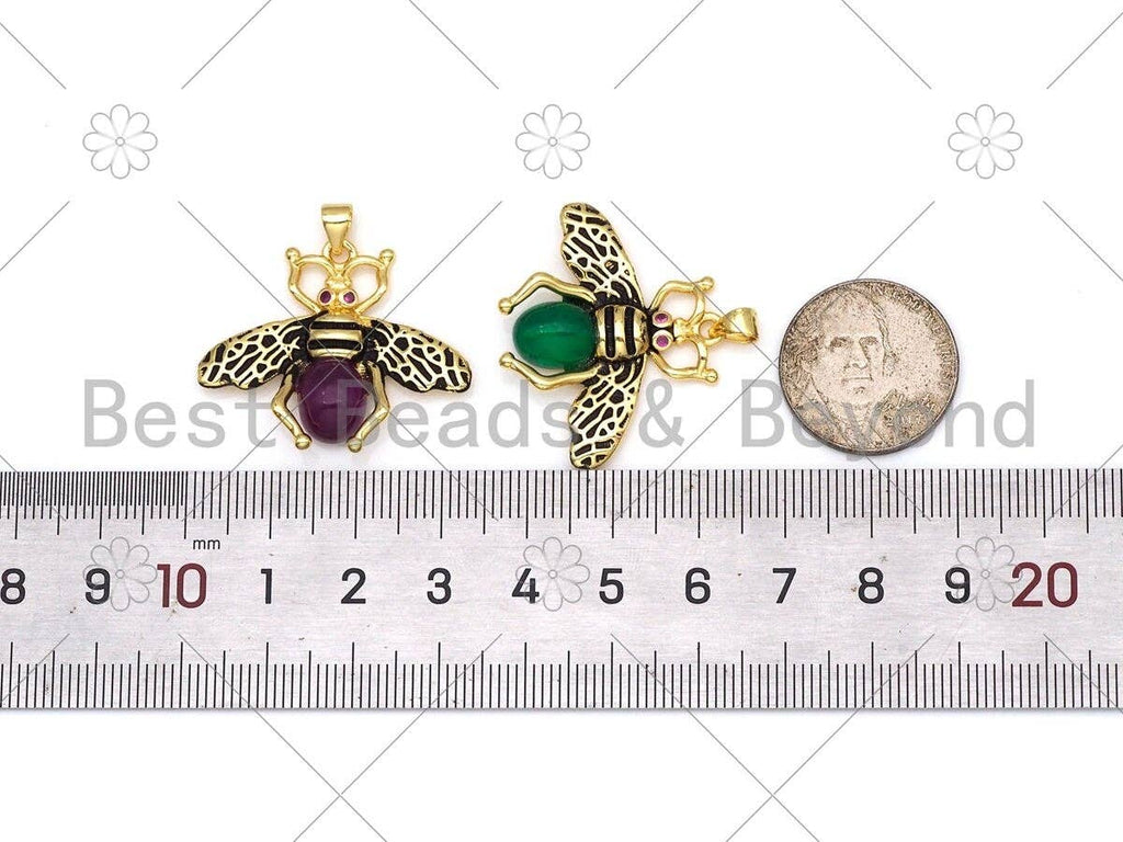 Colorful Glass Bee with Fuchsia CZ Eye  Shape Pendant,18K Gold Filled Bee Charm, Necklace Bracelet Charm Pendant, 32x27mm, Sku#FH179