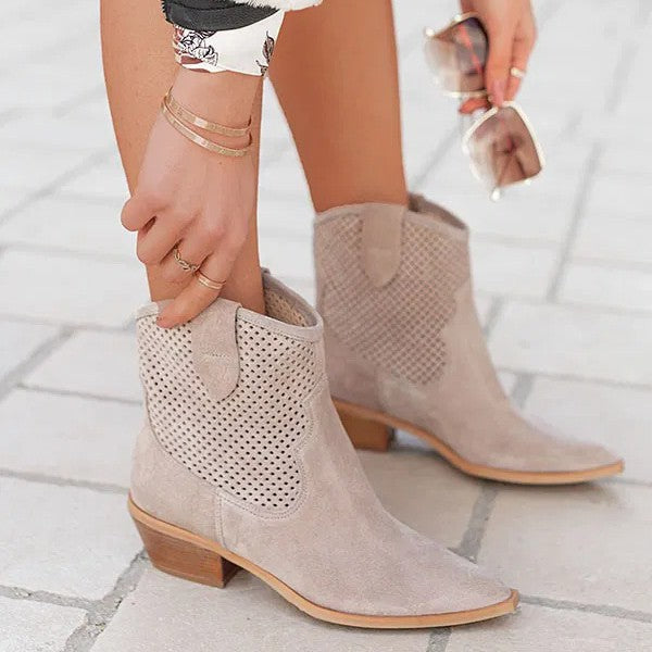 Women's Embossed Suede Mid-Heel Boots - Pointed Toe Slip-On Ankle Boots in Large Sizes