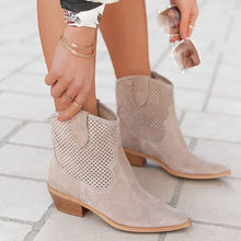 Load image into Gallery viewer, Women's Embossed Suede Mid-Heel Boots - Pointed Toe Slip-On Ankle Boots in Large Sizes