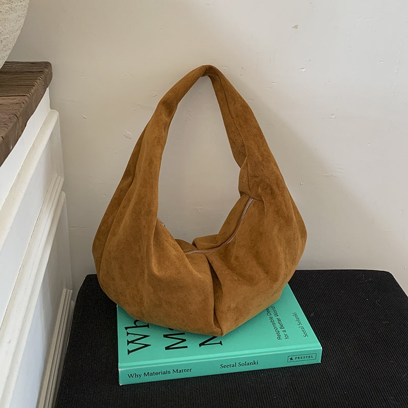 Suede Pleated Tote Bag for Women – Retro Minimalist Dumpling Shoulder Bag