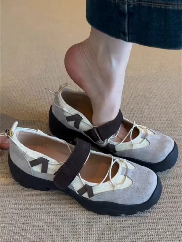 Women's Vintage Leather Mary Jane Shoes | Velcro Strap Thick Sole Low-Top