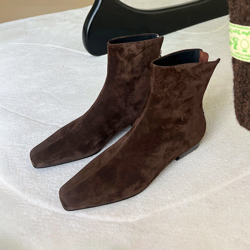 Women's Slim-Fit Ankle Boot | Square Toe Chunky Heel | Suede Upper Back Zipper