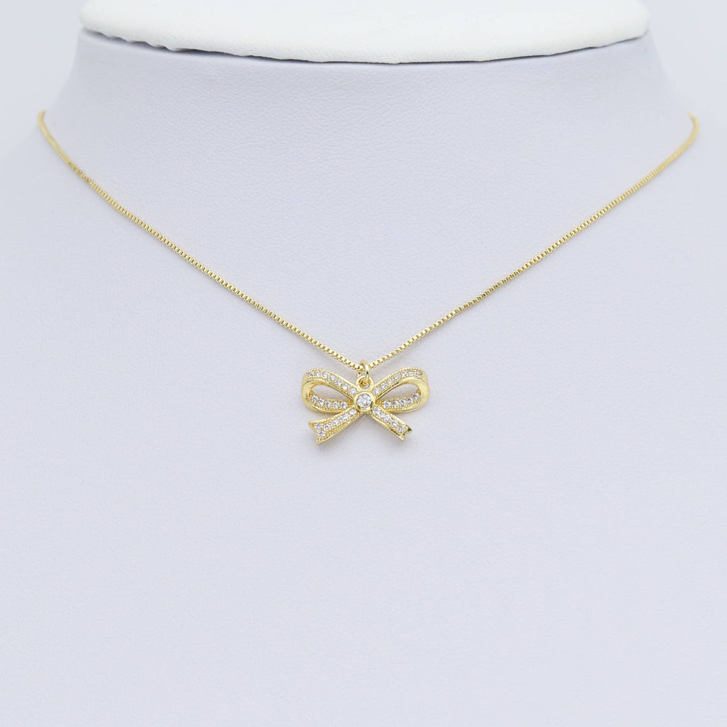Clear CZ Gold Silver Bow Charm Pendant, Sku#A314