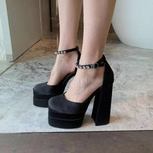 Load image into Gallery viewer, Women's Mary Jane Platform Heels - Chunky Heel Satin Pumps with Rhinestone Strap