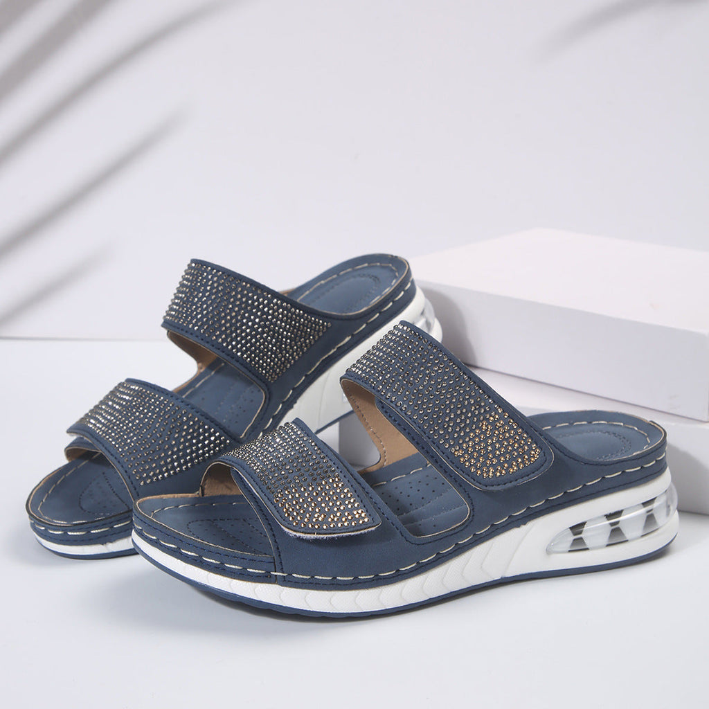 Women's Air Cushion Wedge Sandals – Rhinestone Embellished Beach Slides with Non-Slip Wedge Sole