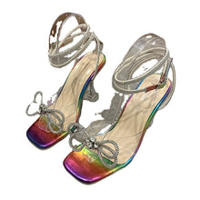 Load image into Gallery viewer, Rhinestone Bow Crystal Clear Wine Glass Heel Sandals - Women's Square Toe High Heel Buckle Sandals