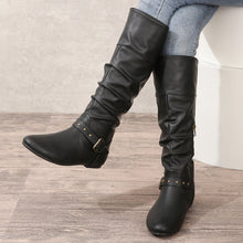 Load image into Gallery viewer, Women's Retro Belt-Buckle Leather Boots - Round Toe Chunky Heel Winter Boots