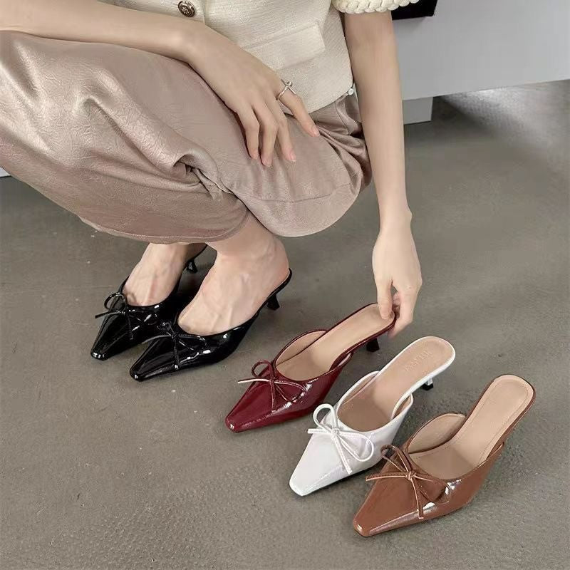 Women's Low-Heel Bow Slippers - Elegant Square Toe Roman Style Shoes