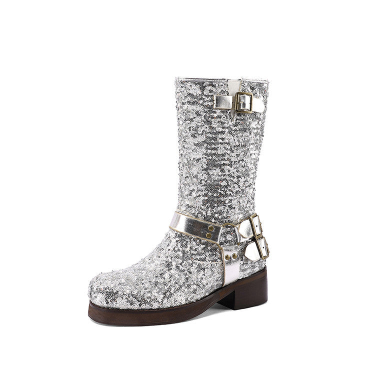 Women's Sequin Buckle Mid-Calf Boots - Chunky Heel PU Leather Boots