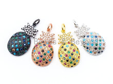 Load image into Gallery viewer, CZ Micro Pave Mixed Color Pineapple Pendant, Colored CZ Pave in Gold/Silver/Rose Gold/Black Finish Charm, 24x13mm, SKU#F177