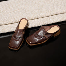 Load image into Gallery viewer, Women's Square Toe Leather Mule Slides | Full-Grain Calfskin Slip-On Low Heel