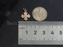 Load image into Gallery viewer, Clover Pink Pendant/Charm, Pink Mother-of-pearl Clover Pendant, Cubic Zirconia Pendant, Gold Tone, 12x13mm, Sku#LK67