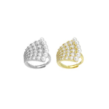Load image into Gallery viewer, Clear CZ Gold Silver White Pearl Peacock Adjustable Ring, Sku#A186