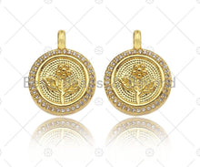 Load image into Gallery viewer, CZ Micro Pave Rose Flower On Coin Shape Pendant/Charm,18K Dianty Gold Medallion Charm, Necklace Bracelet Charm Pendant,15x19mm, Sku#LK251