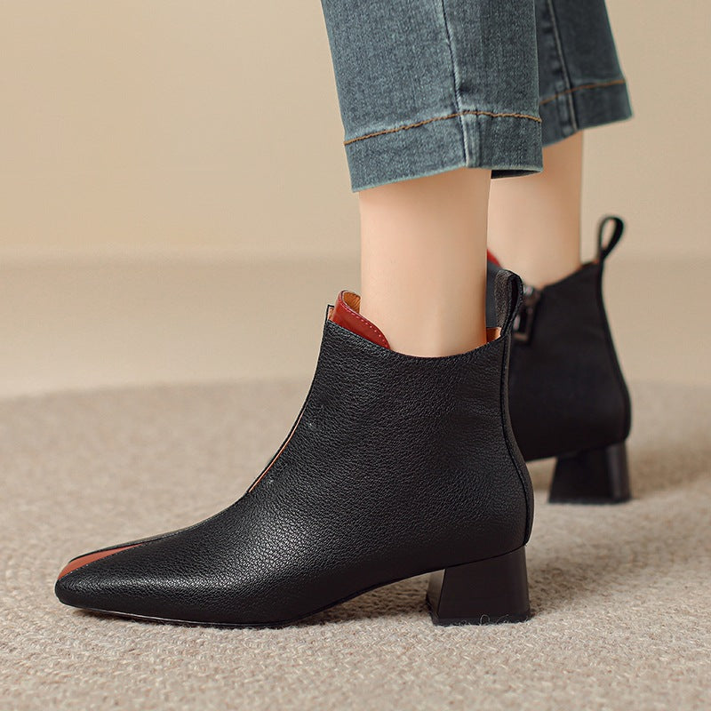 Women's Retro Square-Toe Sheepskin Ankle Boots | Chunky Heel Side-Zip