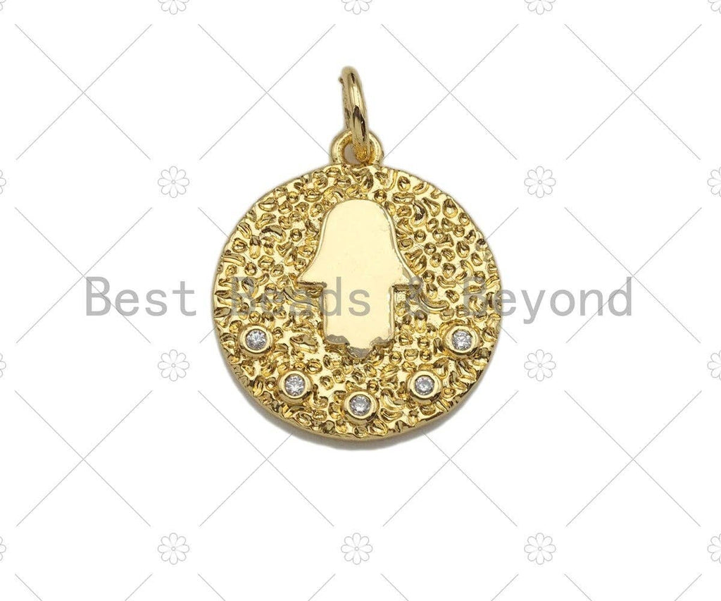 Hamsa Hand On Round Coin Shaped Pendant/Charm, Round Coin Cubic Zirconia Pendant Charm,15x17mm,sku#L301