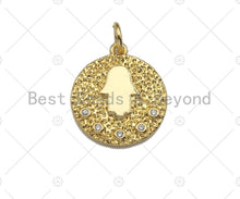 Load image into Gallery viewer, Hamsa Hand On Round Coin Shaped Pendant/Charm, Round Coin Cubic Zirconia Pendant Charm,15x17mm,sku#L301