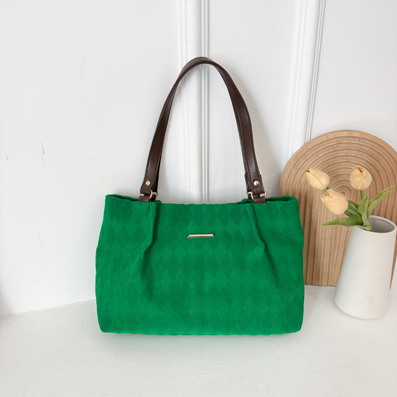Women's Quilted Fabric Tote Bag – Minimalist Shoulder Bag with Diamond Pattern | Black, Beige, Khaki, Green
