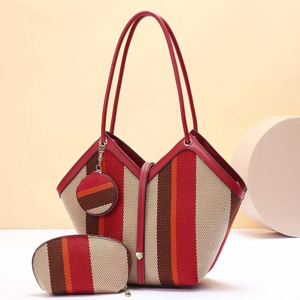 Women's PU Leather Tote Bag - High Capacity Shoulder Handbag with Color Block Design