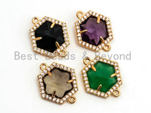 Load image into Gallery viewer, Hexagon Bezel Connector with Faceted Glass, Gold Plated CZ Micro Pave Frame Connector, Black/Green/Purple/Smoke, 14x18mm, sku#A78