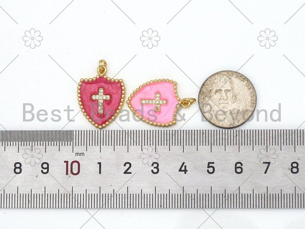 Micro Pave CZ Cross On Colorful Enamel Shield Shape Pendant,18K Gold Filled Enamel CZ Cross Charm,Enamel Jewelry, 24x18mm,Sku#L592