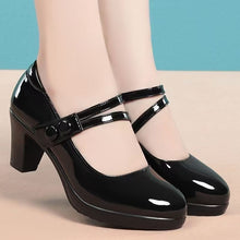 Load image into Gallery viewer, Women's Professional Leather Pumps - Round Toe Chunky Heel Velcro Strap Shoes