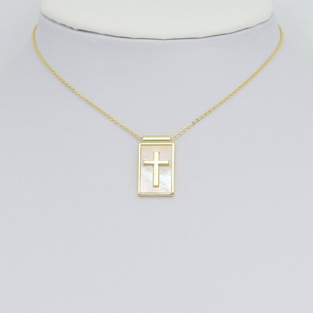 Gold Cross on Mother of Pearl Cross Rectangle Shape Charm Pendant, Sku#LK1051