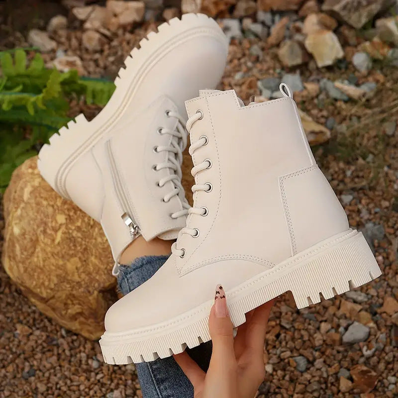 Women's Motorcycle Ankle Boots - Chunky Heel Side Zipper Boots