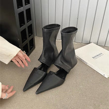Load image into Gallery viewer, Women's French-Style Pointed-Toe Stiletto Boots - Mid-Calf Hollow-Out Design Stretchy PU Leather