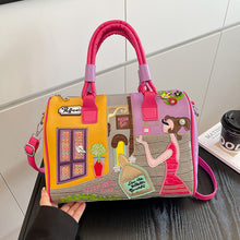 Load image into Gallery viewer, Premium Embroidered Boston Bag - PU Leather Handbag with Patchwork Design