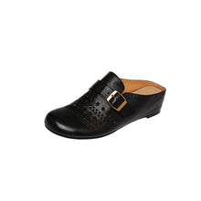 Load image into Gallery viewer, Women's Perforated Cowhide Buckle Mules | Round Toe Flat Backless Slides