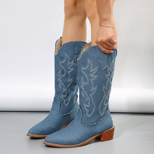 Load image into Gallery viewer, Women's Plus-Size Mid-Calf Western Boots – Blue Denim Embroidery Square Heel