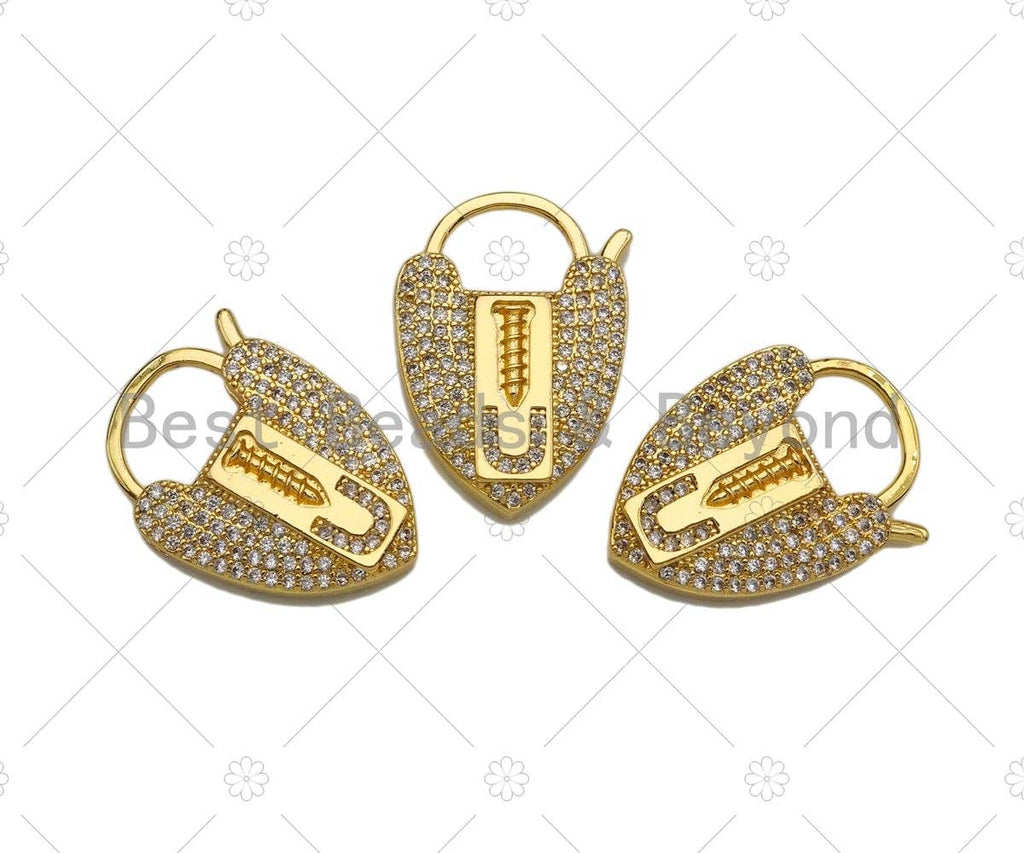 CZ Micro Pave Screw U Heart Padlock Clasp,Screw U Padlock Clasp, Gold Charm Pendant, Padlock Necklace Charms Connector, 17x25mm, Sku#K165