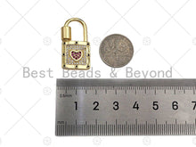 Load image into Gallery viewer, 18K Gold Pink Heart Padlock Clasp, CZ Micro Pave Clasp, Gold Padlock Clasp, Fancy Pave Lock,14x27mm,sku#K147