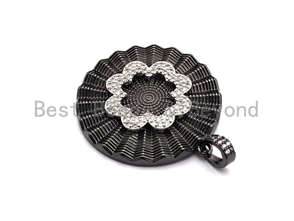 CZ Clear/Black Micro Pave Round With Flower Pendant, CZ Pave Pendant, Gold/Rose Gold/Silver/Gunmetal plated, 36x38mm, Sku#F772