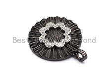 Load image into Gallery viewer, CZ Clear/Black Micro Pave Round With Flower Pendant, CZ Pave Pendant, Gold/Rose Gold/Silver/Gunmetal plated, 36x38mm, Sku#F772