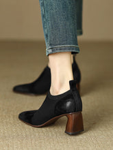 Load image into Gallery viewer, Women's Square Toe Chunky Heel Slip-On Pumps | Knitted Patchwork Leather High Heels | Black &amp; Brown