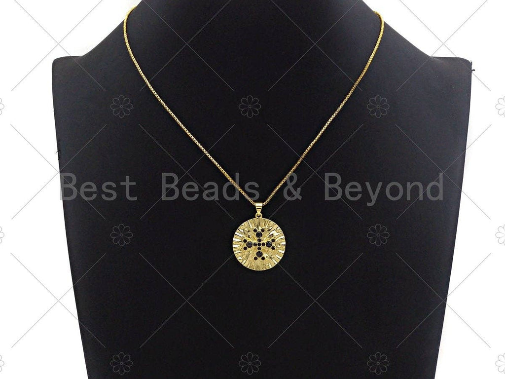 18K Gold Black CZ Cross On Round Coin Shape Pendant, Gold Coin Charm, Cross Pave Pendant, Men's Jewerly Findings, 25mm, Sku#LK61