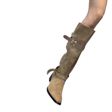 Load image into Gallery viewer, Women's Khaki Suede Pointed-Toe Chunky Heel Boots - Side Zipper High-Top Ankle Boots