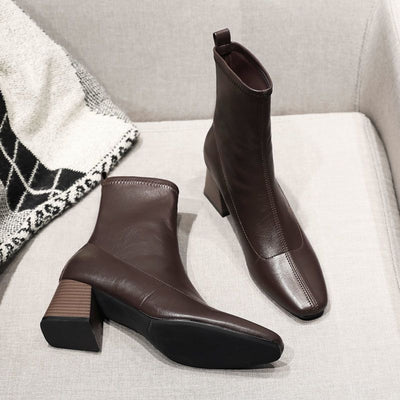 Women's Minimalist Over-the-Knee Boots | Square Toe Chunky Heel Side Zipper | Black & Dark Brown